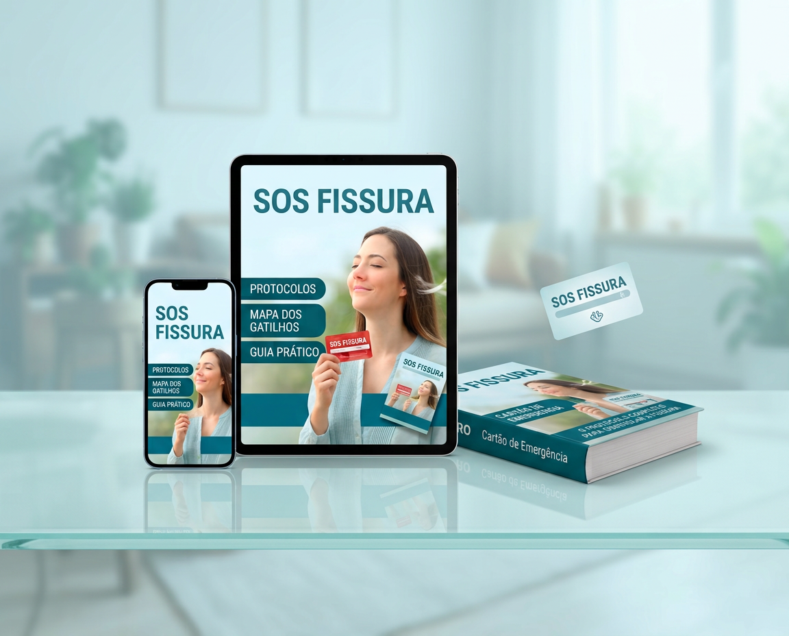 Mockup do material SOS Fissura em tablet, celular, livro e cartão de emergência